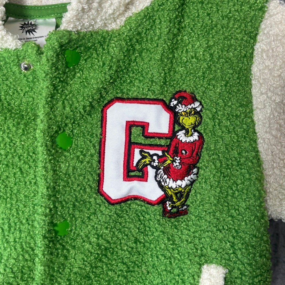 Dr Seuss The Grinch Kids Green Faux Shearling Varsity Hooded Jacket 4T RN117508 - Picture 3 of 6